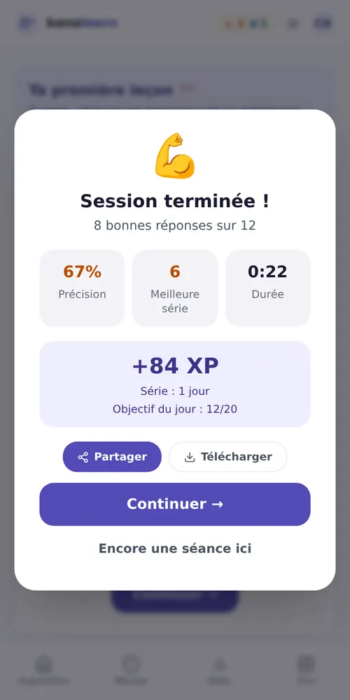 Fin de séance : 10 bonnes réponses sur 10, précision, meilleure série, XP gagnés